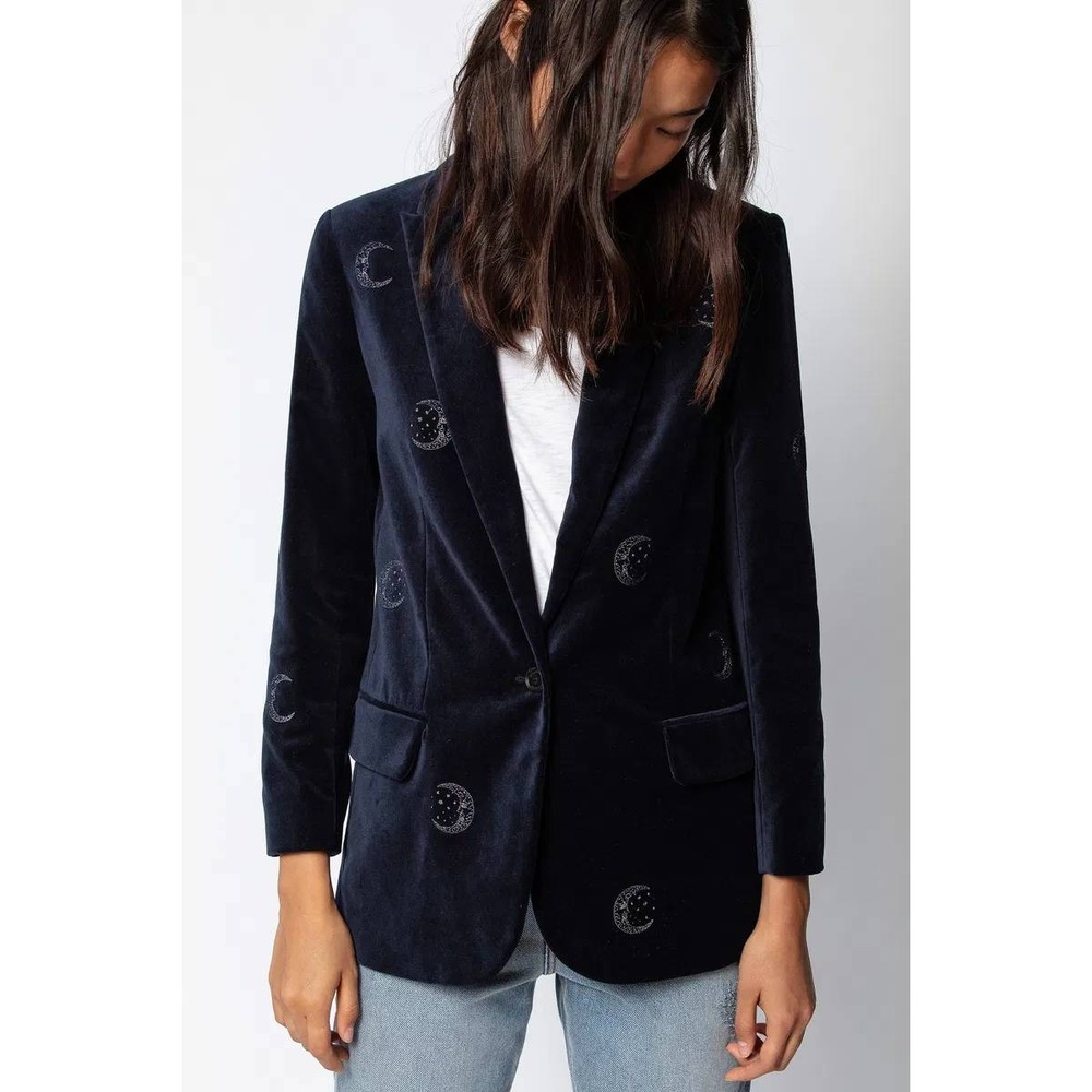 Zadig & Voltaire Viva Velours Blazer Navy‎ Blue Velvet Crystal Moon Sz 36 / S